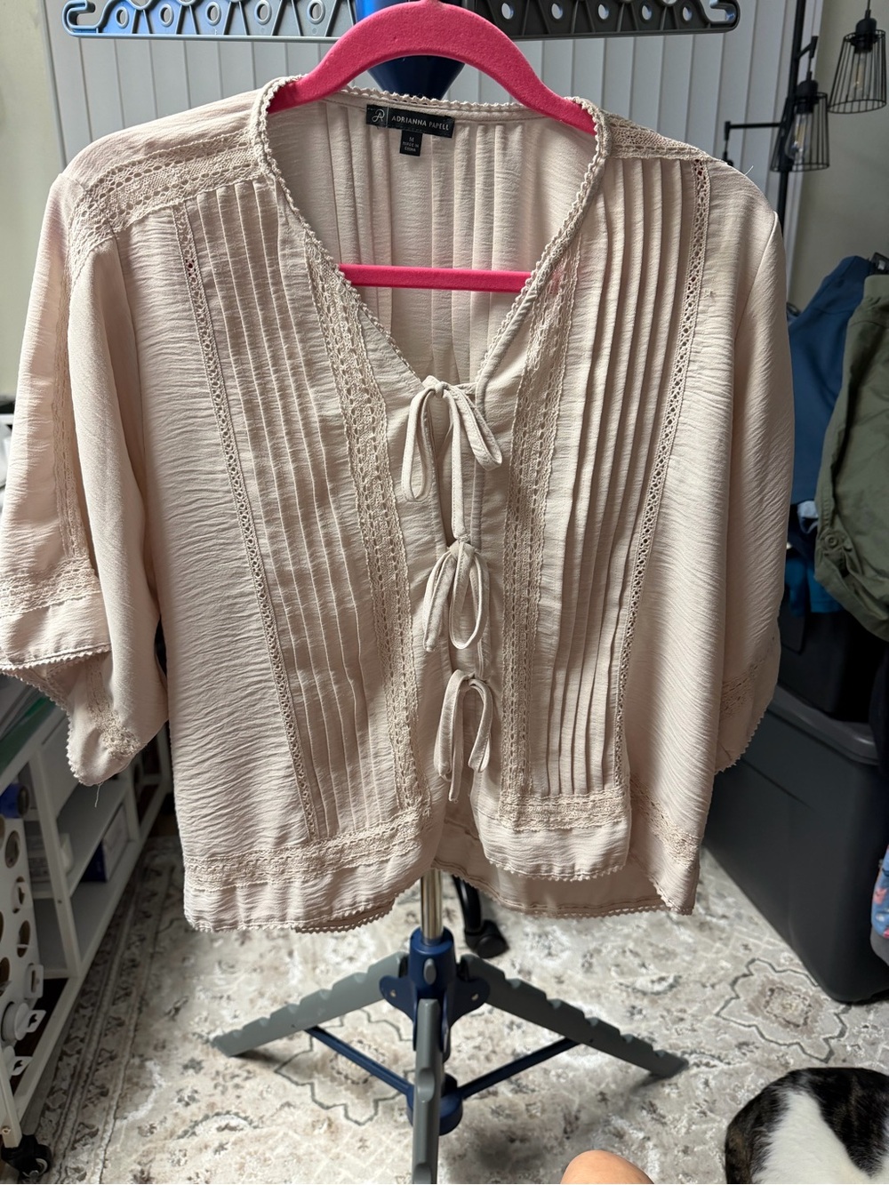 New Nordstrom Adrianne Papell  Light Beige Tie-Front Pintuck Women's Top